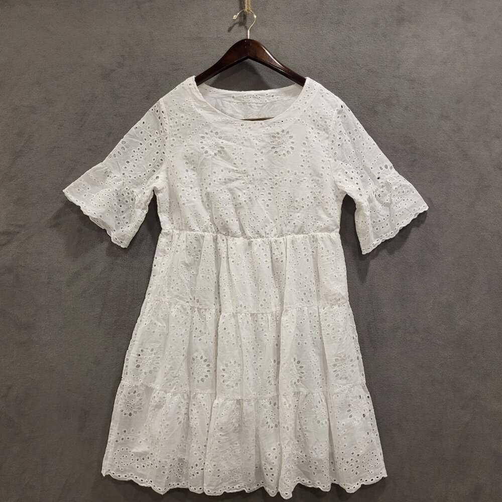 Eyelet Lace Midi‎ Dress Women Medium White Tiered Ruffle Hem Simple Beachy Boho